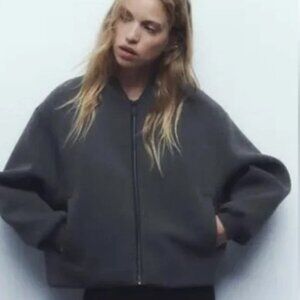 Zara Grey Neoprene Bomber Bungee Jacket - L - NWOT